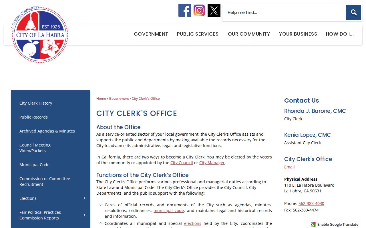 La Habra residents directory City Clerk records source