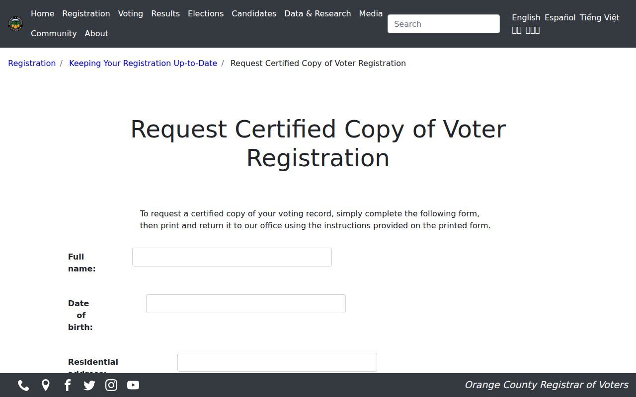 Orange County certified voter registration request form