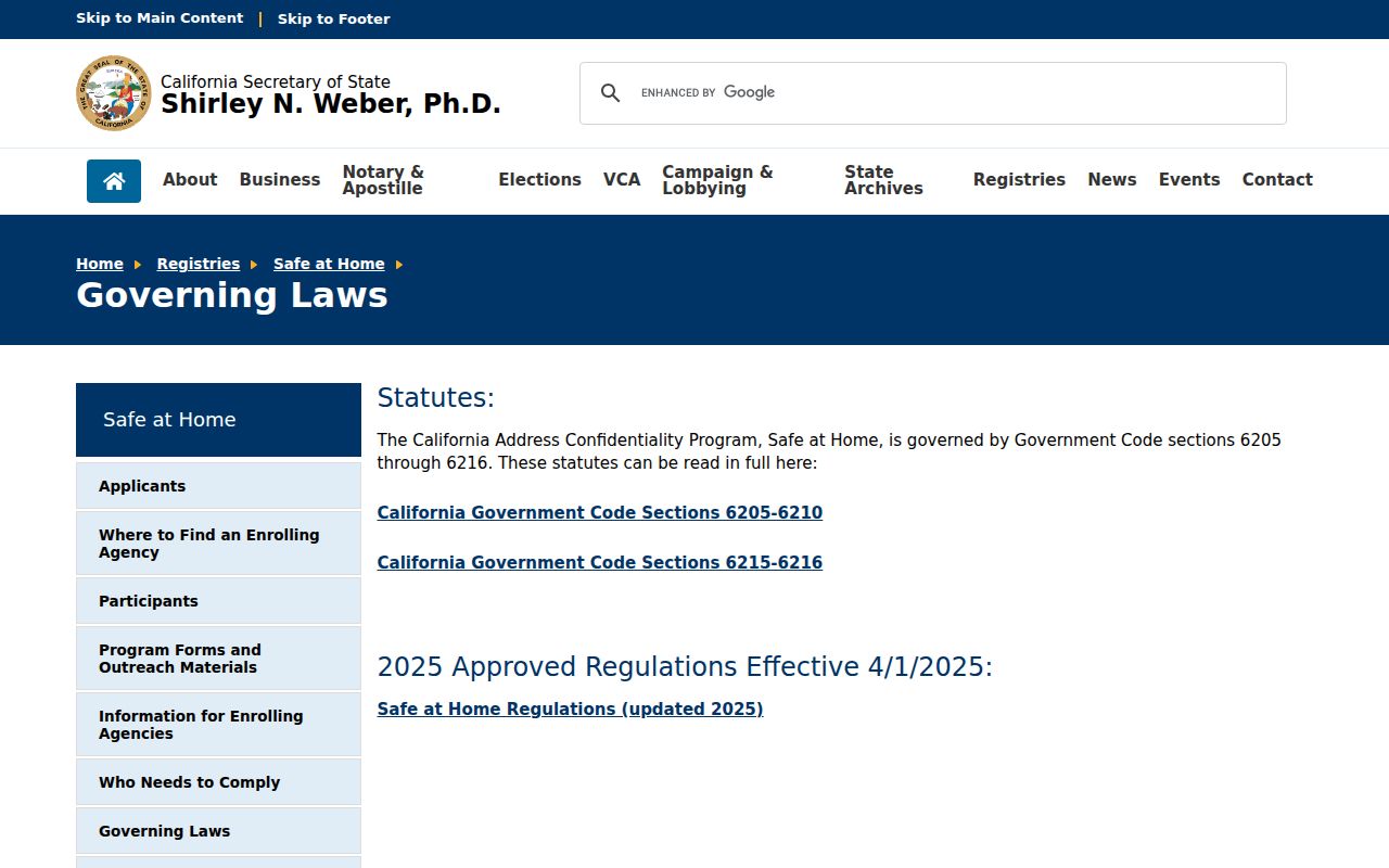 California Safe at Home governing laws