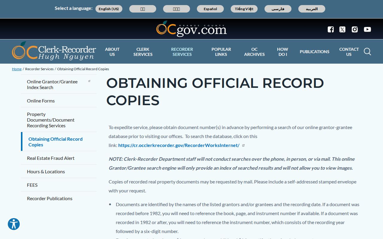 Orange County instructions for obtaining official record copies during La Habra deed-chain research