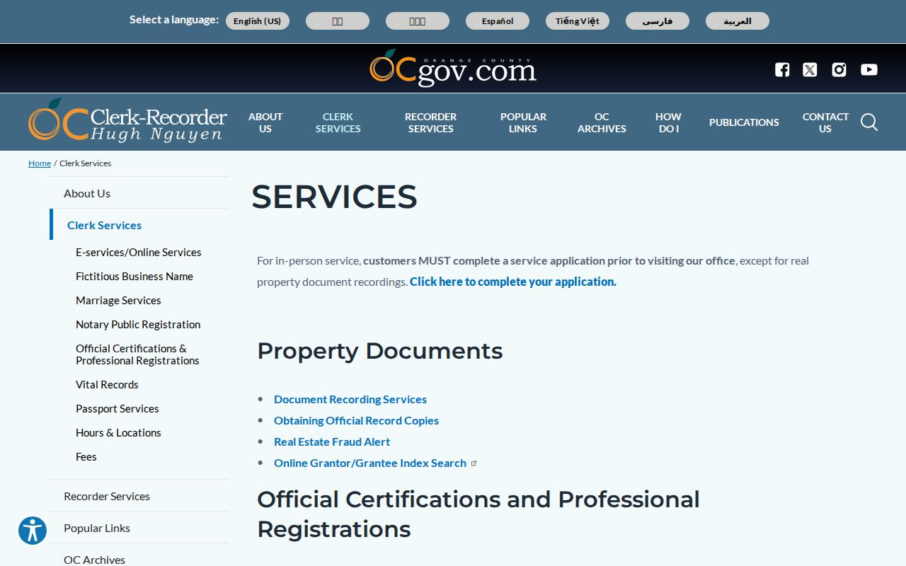 Orange County Clerk-Recorder services page used for La Habra previous residents deed research