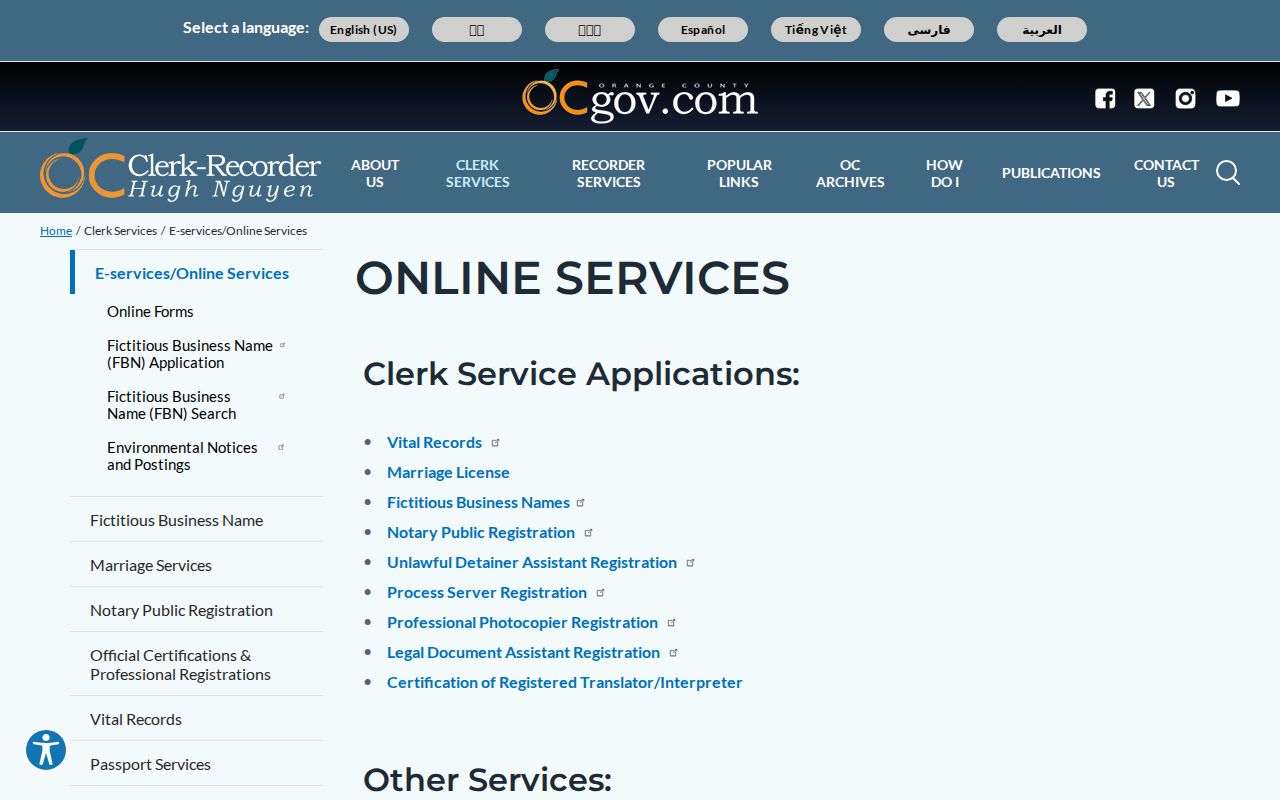 Orange County Clerk-Recorder online services index used in La Habra previous residents research