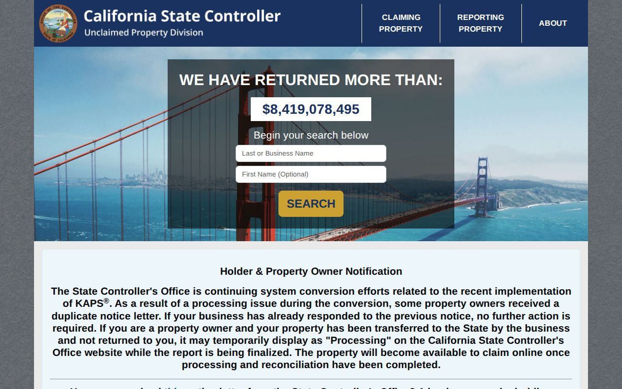 California State Controller unclaimed property search portal